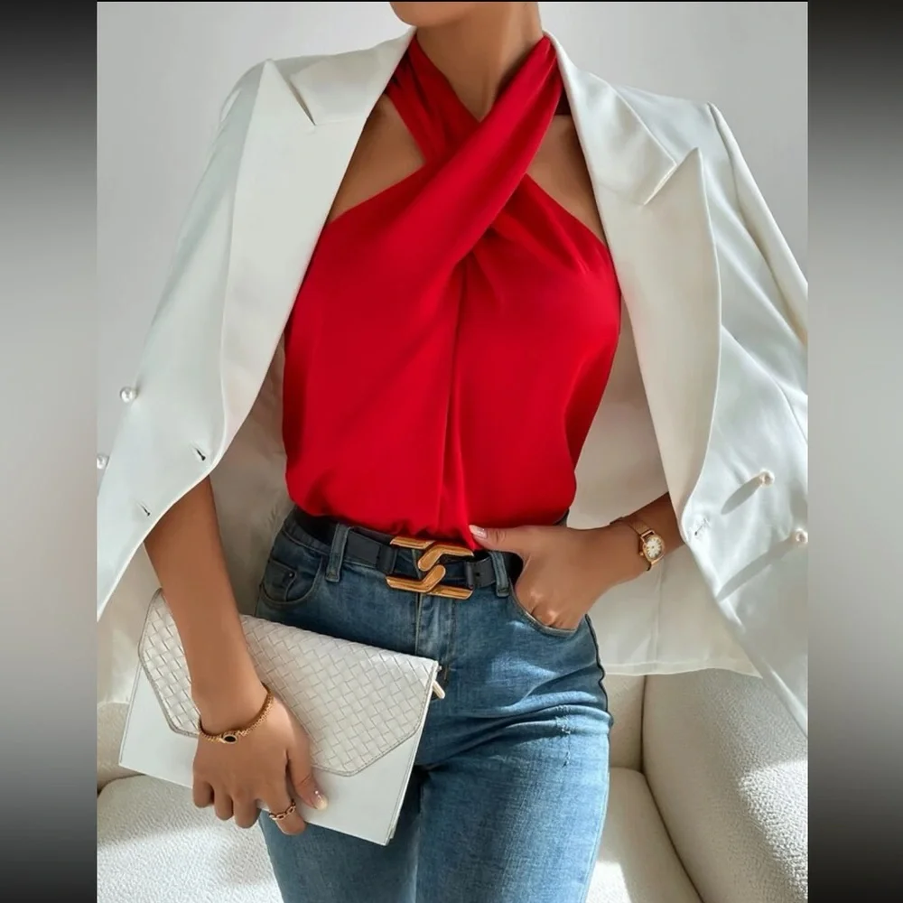Luxe red twist front halter top